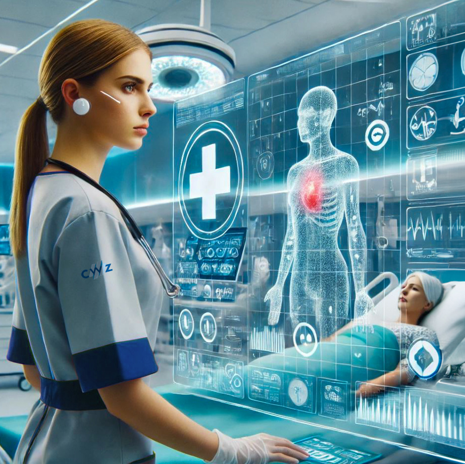 Verpleegkundige met patiënt in toekomst Verpleegkundige met patiënt in toekomst